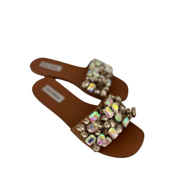 Steve Madden Brionna Rhinestone Flats Tan Leather Jewel Embellished Sandals 7.5 - Picture 3 of 16